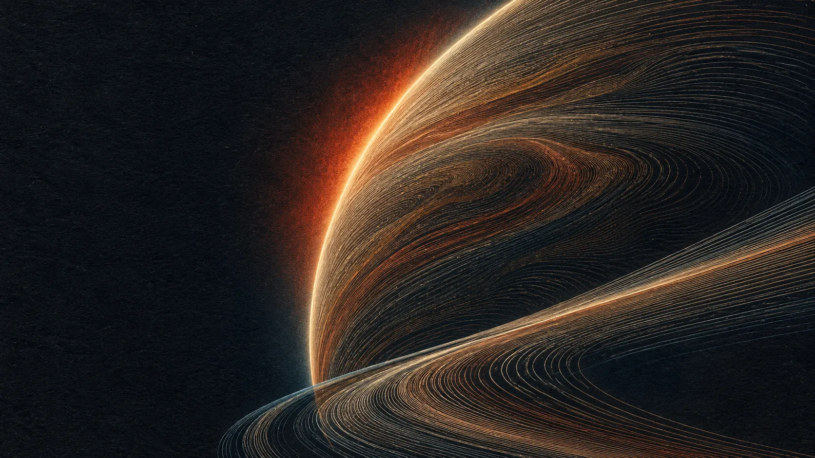 A copper-engraved planetary limb with an amber atmosphere and a sweeping orbital band.