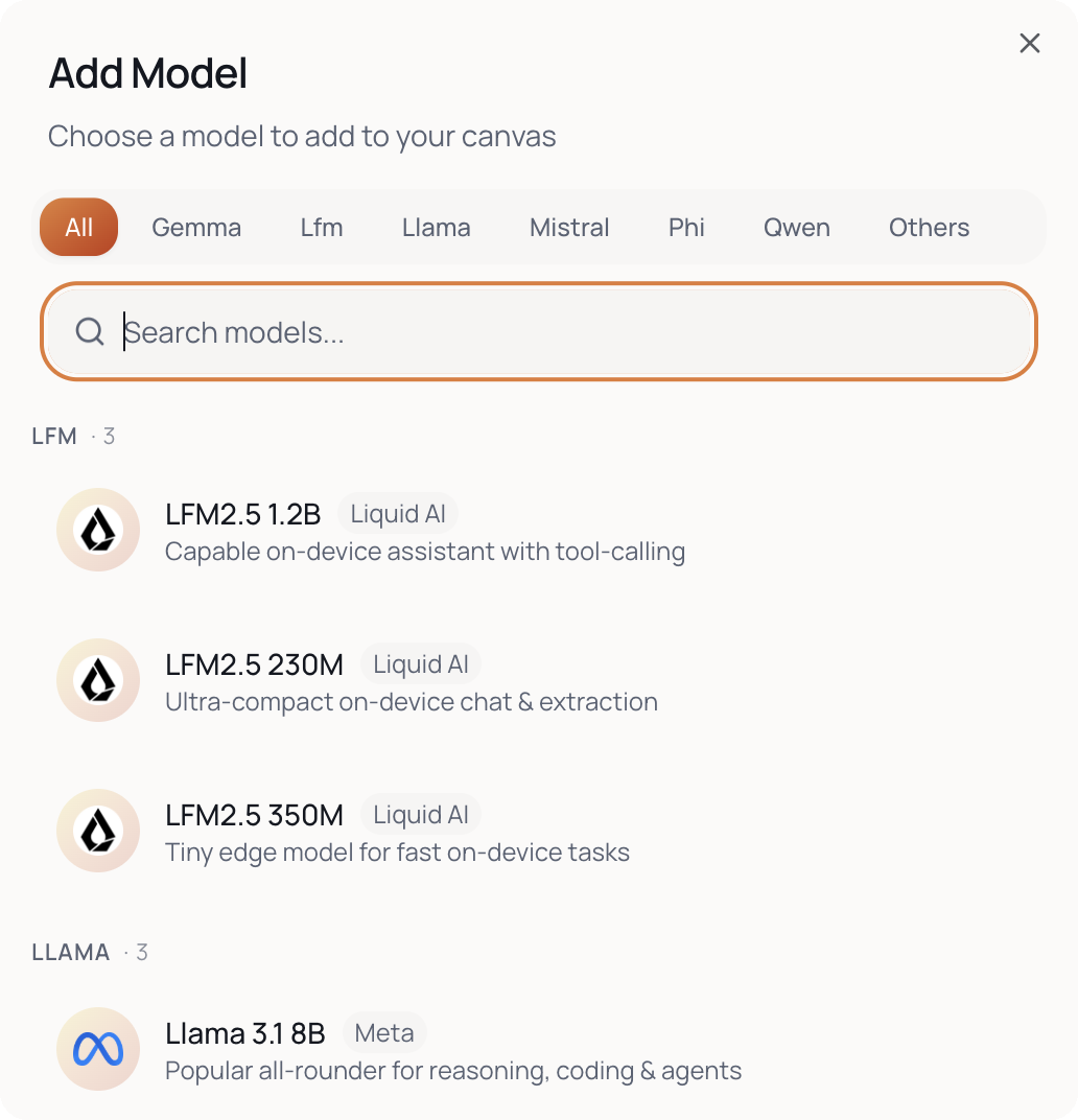 Ertas Studio 的 Add Model 對話框，LFM 分組下有三個項目：LFM2.5 1.2B、LFM2.5 230M 與 LFM2.5 350M，皆標註為 Liquid AI，下方是 Llama 分組