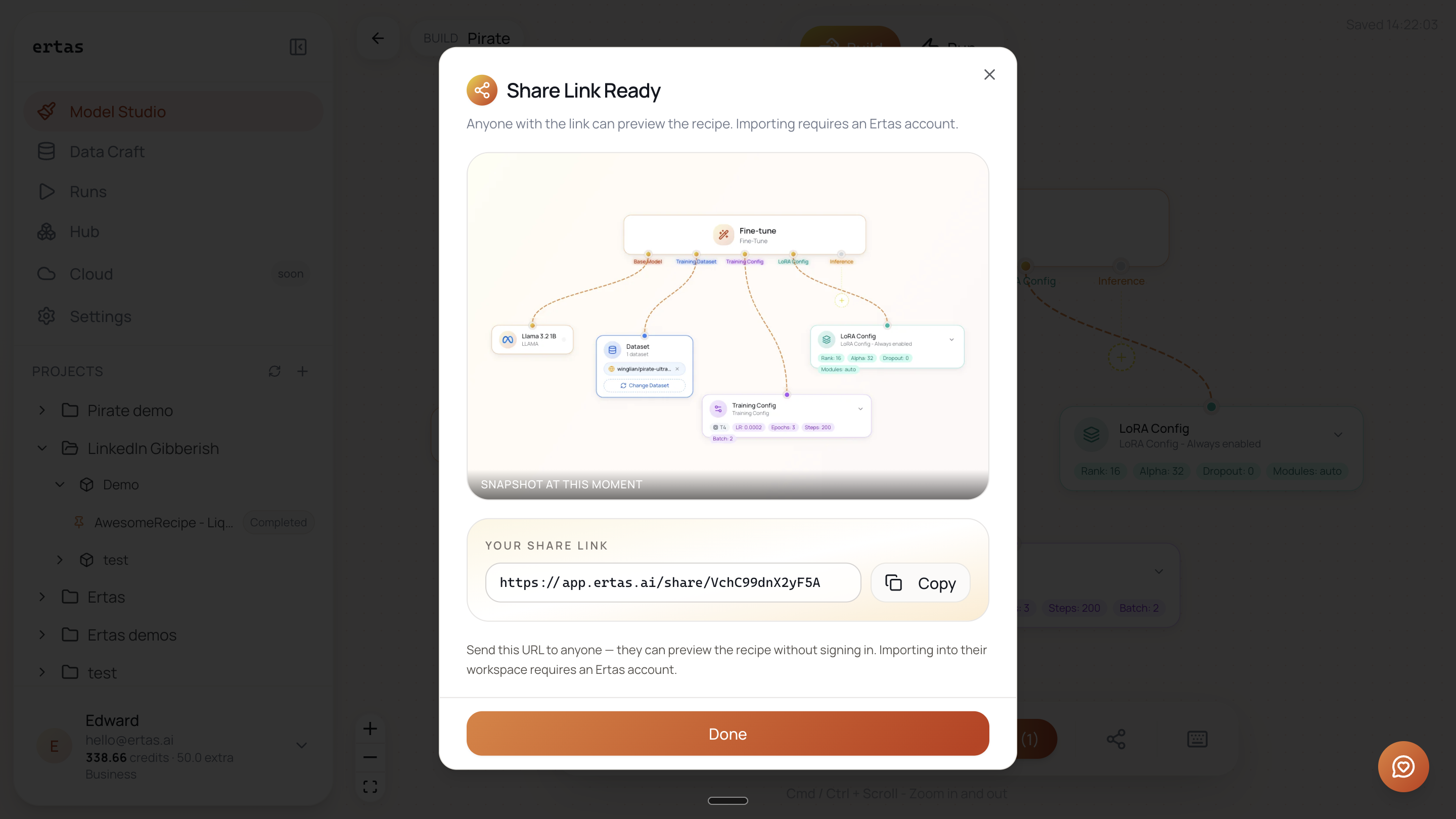 The Share Link Ready dialog with a recipe preview and a copyable share URL