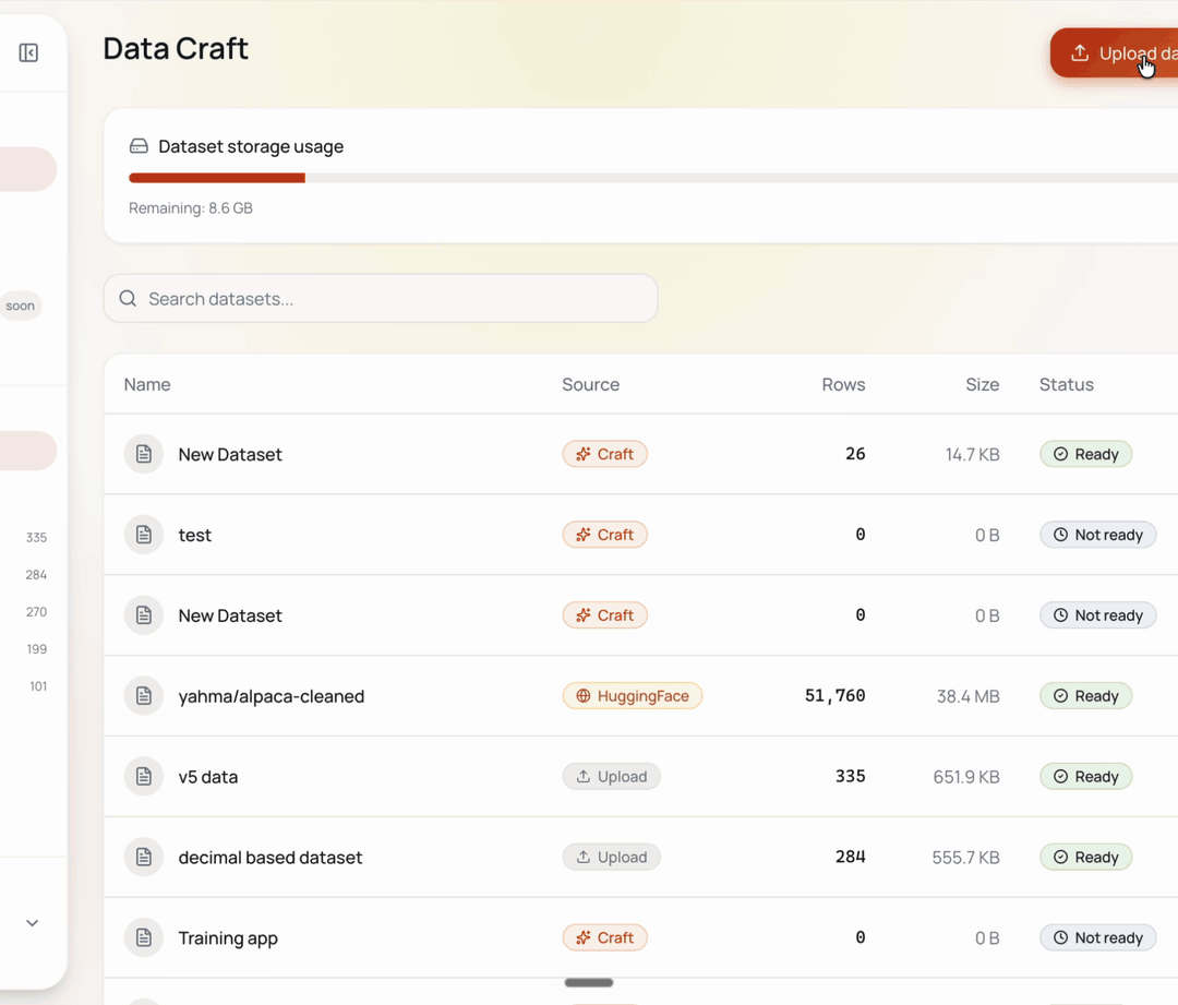 Uploading a .jsonl file or importing from a HuggingFace URL in Data Craft