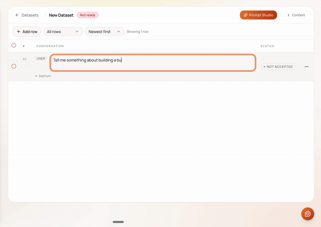 Adding a row by hand in Data Craft by writing the user turn then the assistant answer