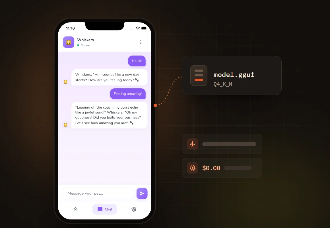 La pantalla de chat de una app de mascota virtual, donde un gato llamado Whiskers responde en su papel desde un modelo que se ejecuta en el teléfono, junto al archivo del modelo