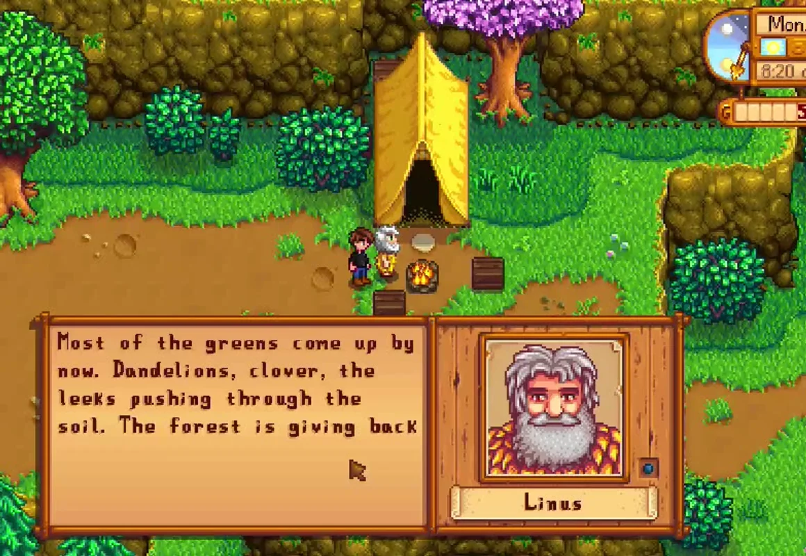 Linus, de Stardew Valley, respondiendo al jugador con sus propias palabras, generadas por el mod Chatty Valley